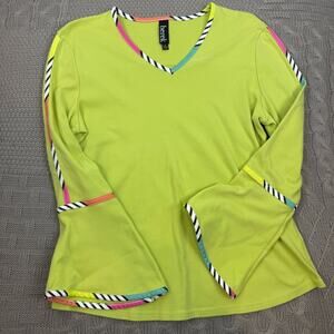 Berek Women’s Lime Green V-Neck Top with Colorful Stripes & Bell Sleeves ~ Smal